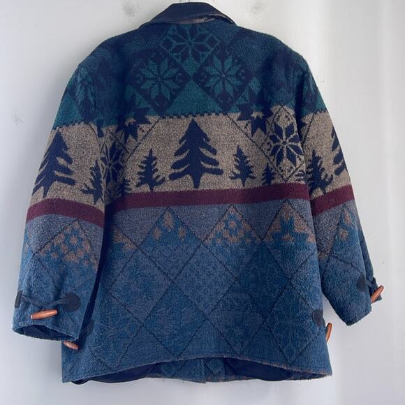 Vintage Kathryn Deene wool blend leather trim fair isle winter blanket overcoat - Picture 7 of 8